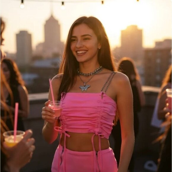 Girl on IG Ruched Skirt Set – ZEMETA Pink Double Chain Straps Front Zipper Slits - Picture 5 of 5